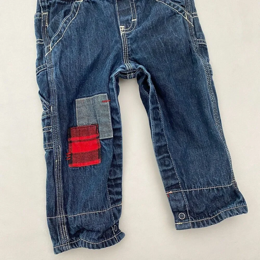OshKosh B'Gosh Bib Overalls Baby 12 Months Patchwork Denim Moose Flannel